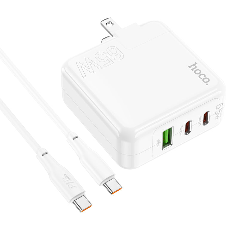 High Power GaN 65W Three Port 2x USB-C / 1x USB-A PD Fast Charger with USB-C to USB-C Cable (1 m)