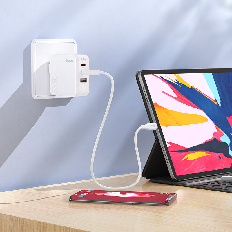 High Power GaN 65W Three Port 2x USB-C / 1x USB-A PD Fast Charger with USB-C to USB-C Cable (1 m)